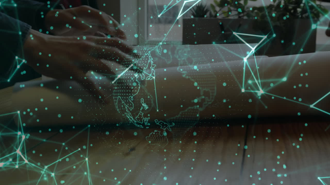 Working on architectural plans at desk, people viewing digital network animation