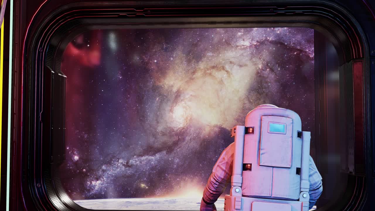 vista trasera de un astronauta solo en un corredor espacial futurista observando la tierra y las estrellas. vista de la tierra. animación 3d