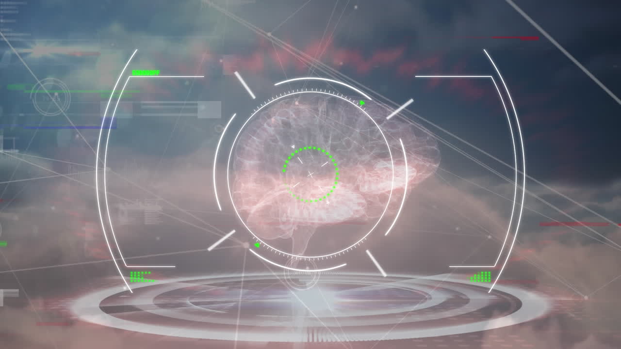 스 ⁇  스캐닝과 뇌와 구름으로 하늘을 가로지르는 연결 네트워크의 애니메이션