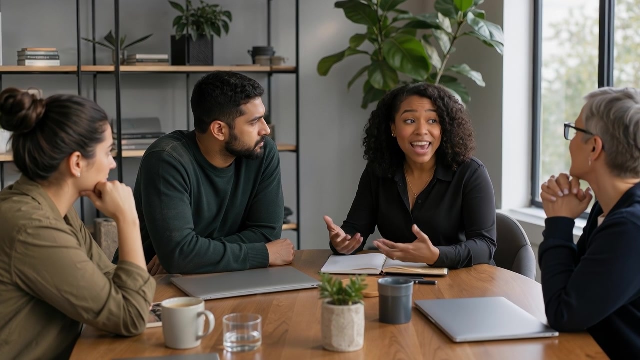 Diverse Business Team Having an Active Discussion Around a Wooden Conference Table