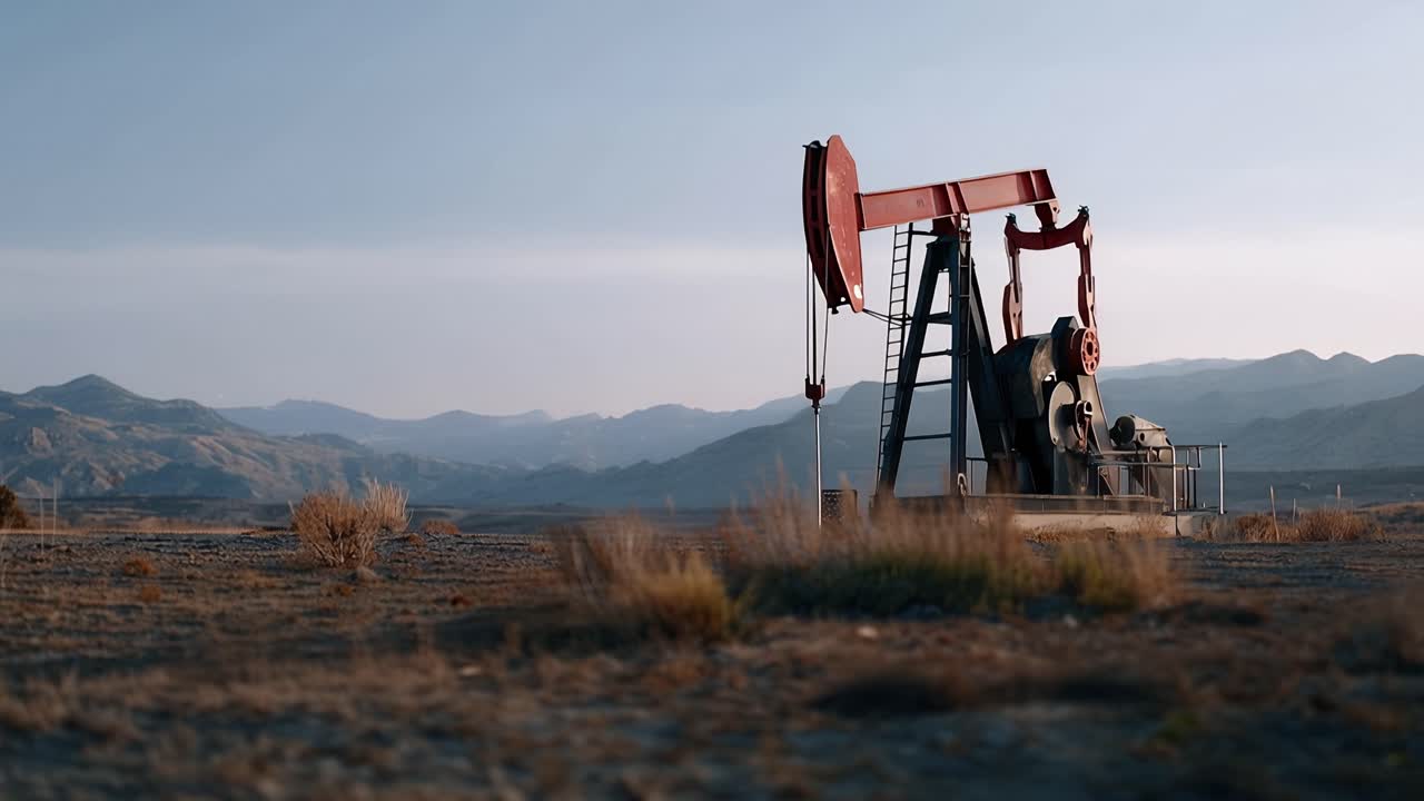 Oil Pumping Unit Surrounded by Landscape: A Captivating View of Industrial Machinery Amidst Nature's Beauty and Vast Open Spaces