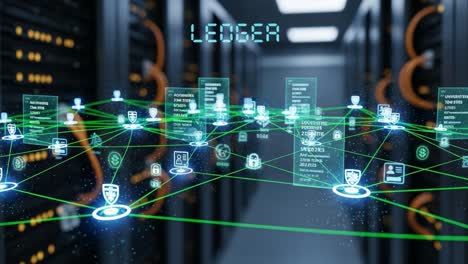 exploring the dynamics of digital ledgers: a visual representation of data connections in a data center environment showcasing nodes, security, and information flow