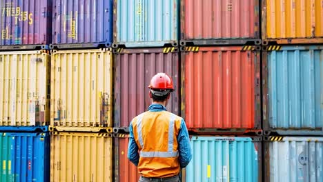 un uomo che indossa un casco duro in piedi davanti a una pila di container di spedizione