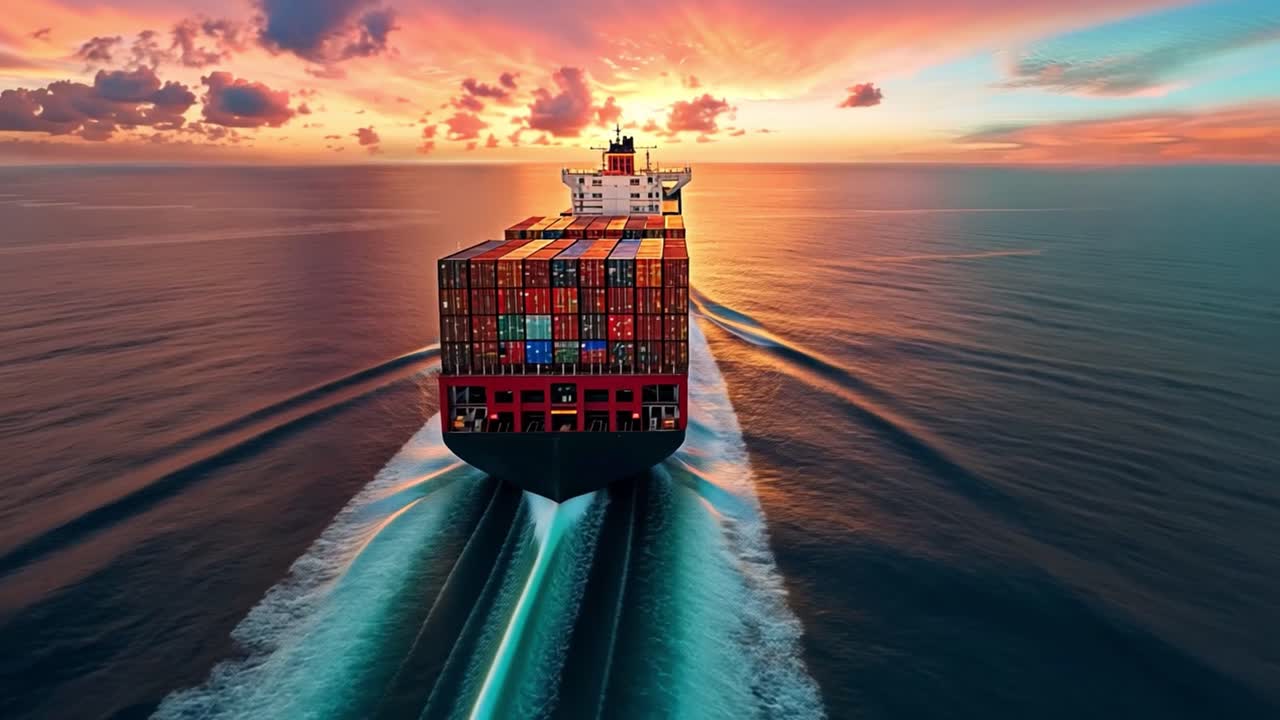 Massive Container Ship Sailing on the Open Ocean at Sunset