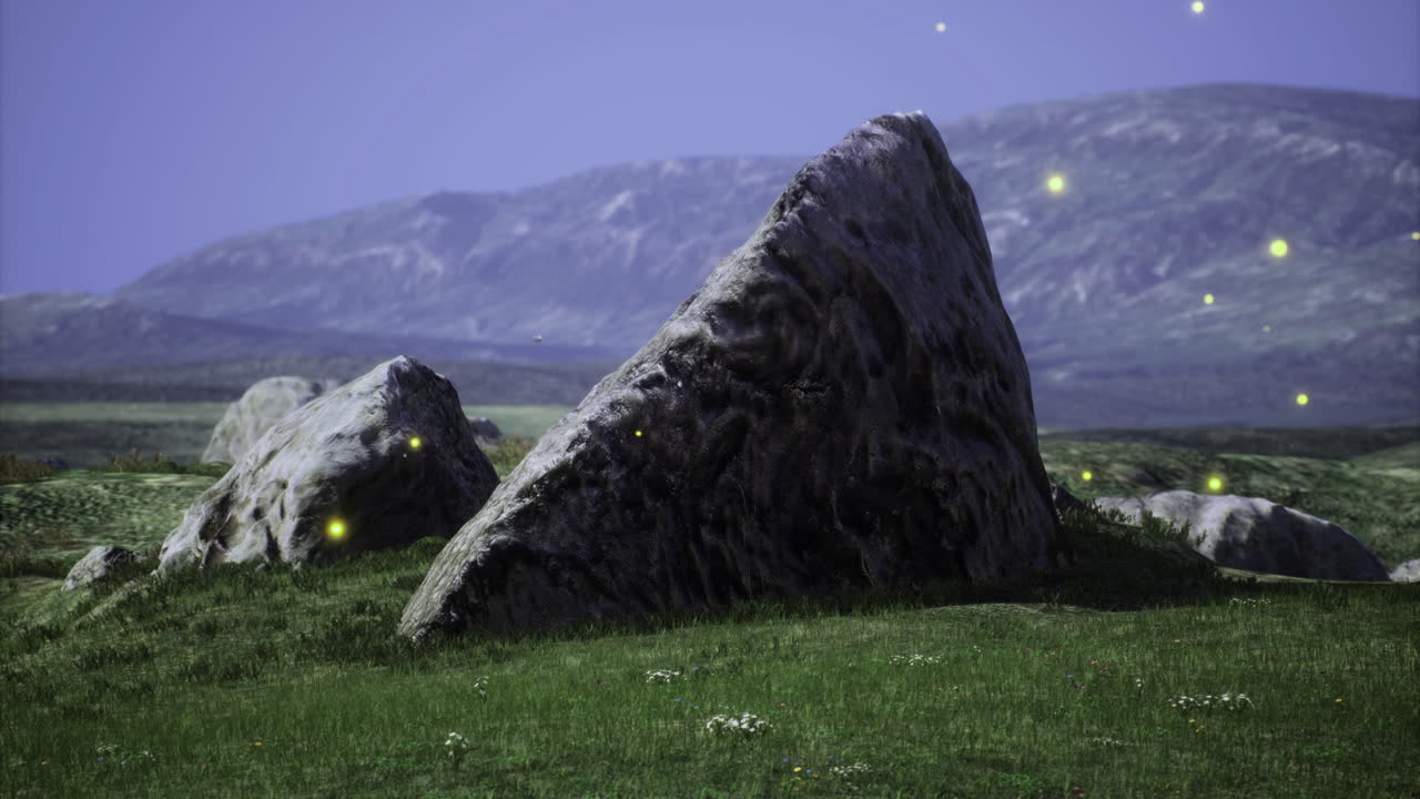 Large rocky formation illuminated by fireflies at dusk in a serene landscape