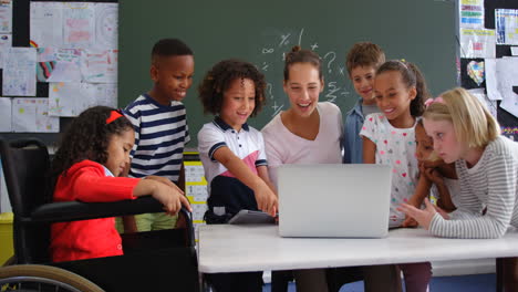 Front view of Mixed-race schoolkids and female teacher in the classroom 4k