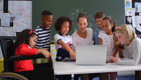 front view of mixed-race schoolkids and female teacher in the classroom 4k