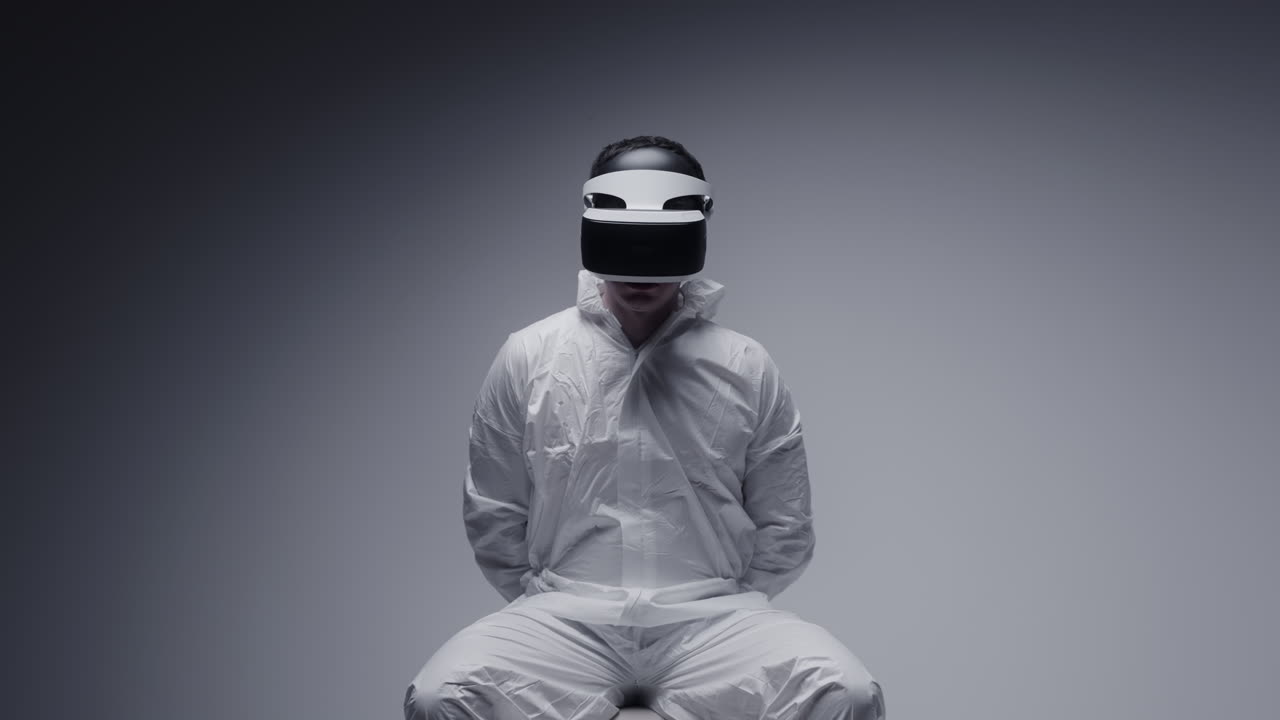 Person in VR Headset and Protective Suit
