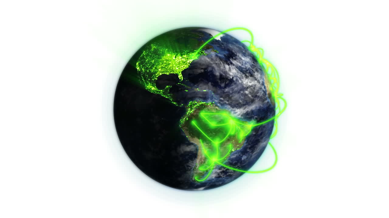 Terra animata con collegamenti verdi e nuvole, immagine di Nasa.org, su sfondo bianco