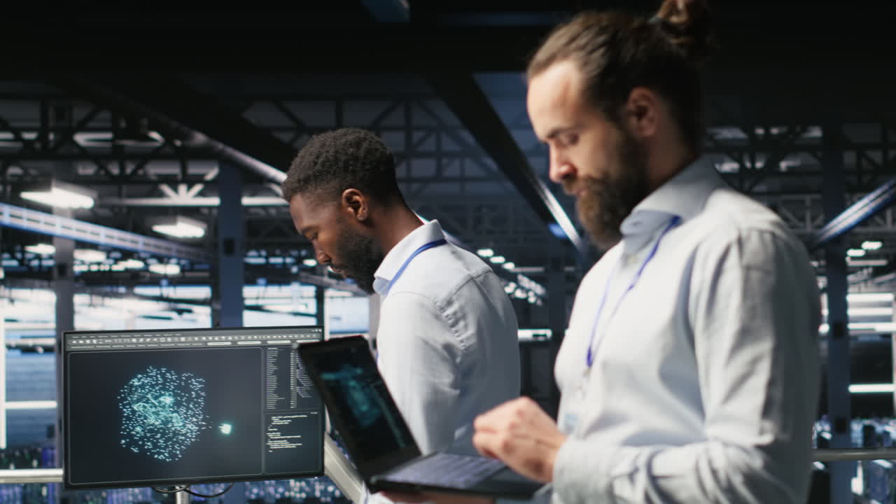 Technician holding laptop walking on server farm platform