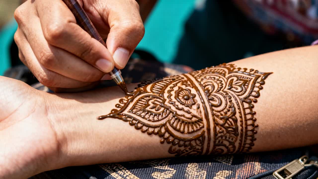 Artista di henné che posiziona il cono e applica un mehndi delicato lungo l'interno del braccio in una bancarella soleggiata, a scopo di ornamento