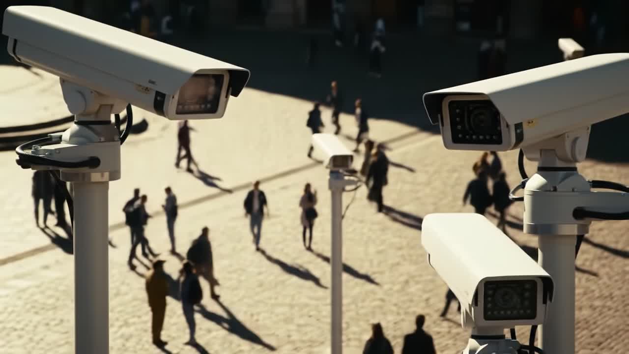 Surveillance in Action: A Glimpse of Security Cameras Monitoring Public Spaces as People Go About Their Day in a Busy Urban Environment