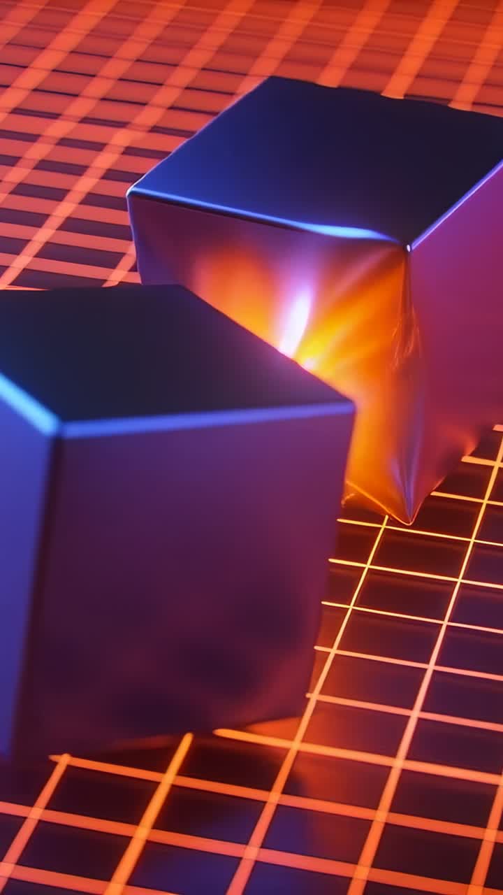 Vídeo vertical: Esfera pulsando, fazendo cubos se fecharem e dobrarem, irradiando através de uma grade de néon para design.