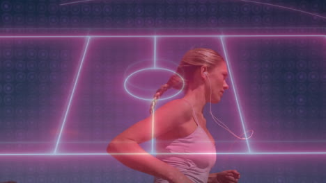 female runner wearing white earphones running in fitness technology demo, featuring neon pink grid