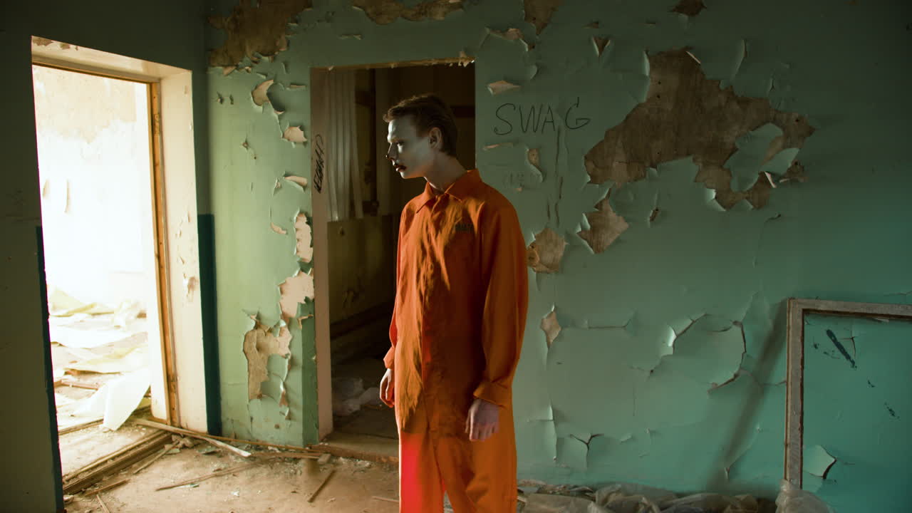 payaso aterrador en una casa abandonada