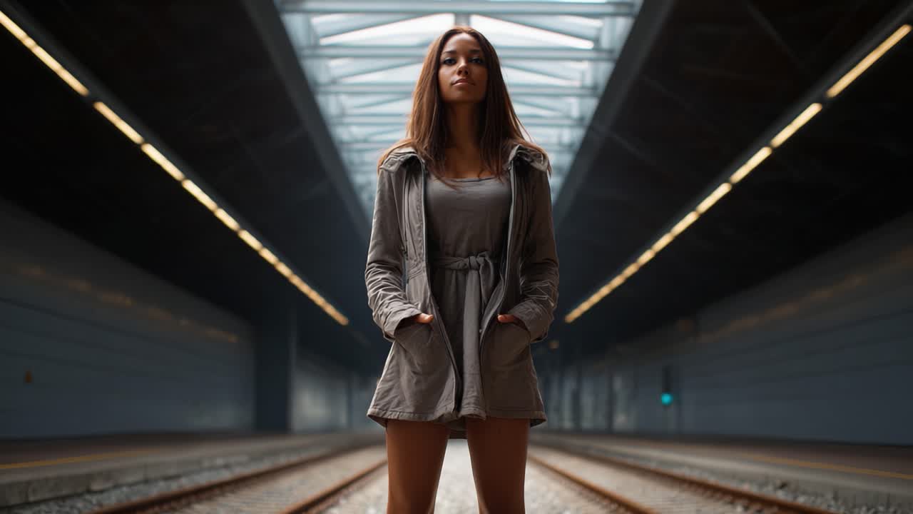 A confident young woman stands poised at the railway station, showcasing a captivating fashion choice and powerful presence against a dynamic industrial backdrop