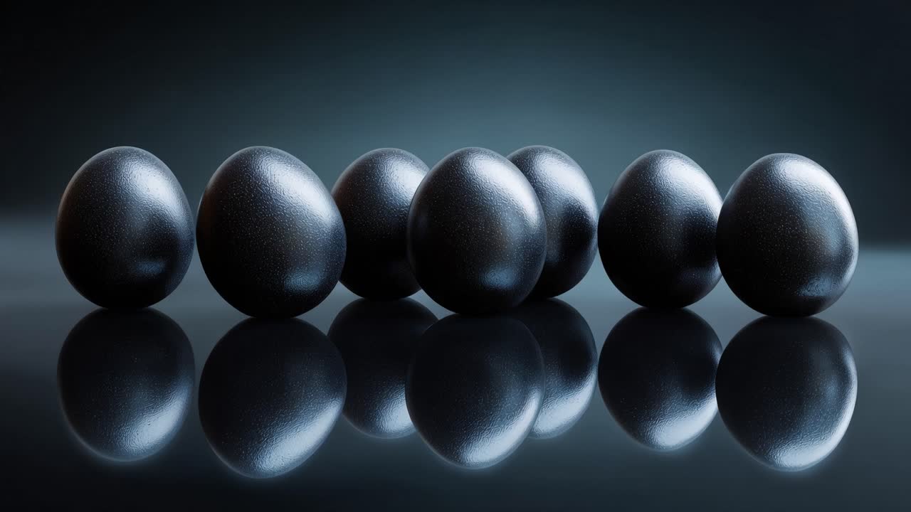 A Showcase of Glossy Black Eggs Arranged in a Symmetrical Pattern Highlighting Their Unique Texture and Reflective Surface Against a Dark Background