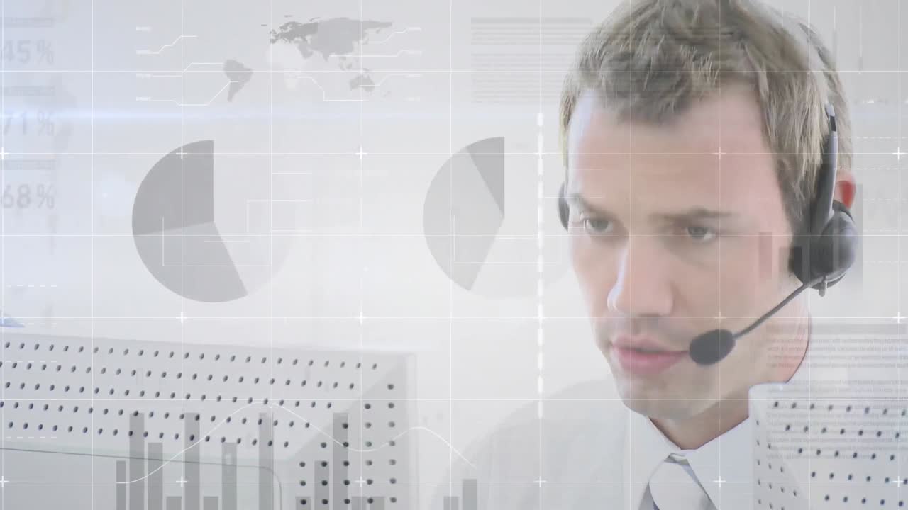 animación del procesamiento de datos financieros y estadísticos sobre un hombre de negocios que lleva auriculares de teléfono