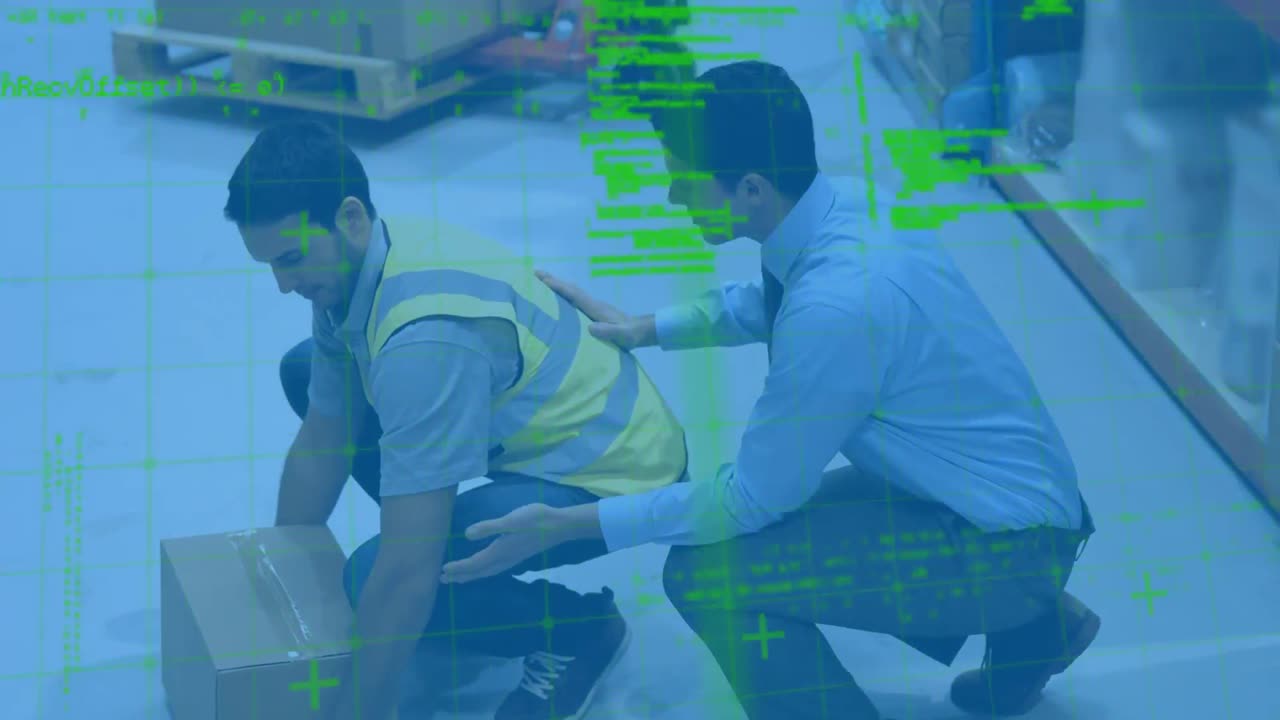 남성 감독자가 창고에서 남성 근로자에게 가져가는 네트워크를 통해 데이터 처리가