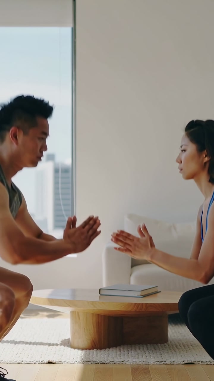 Vertical video: Couple initiating squat motion and clapping palms by coffee table for fitness