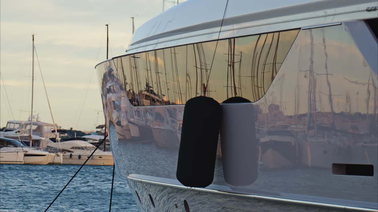 Primo piano di una barca bianca ormeggiata nel porto di Nizza al tramonto
