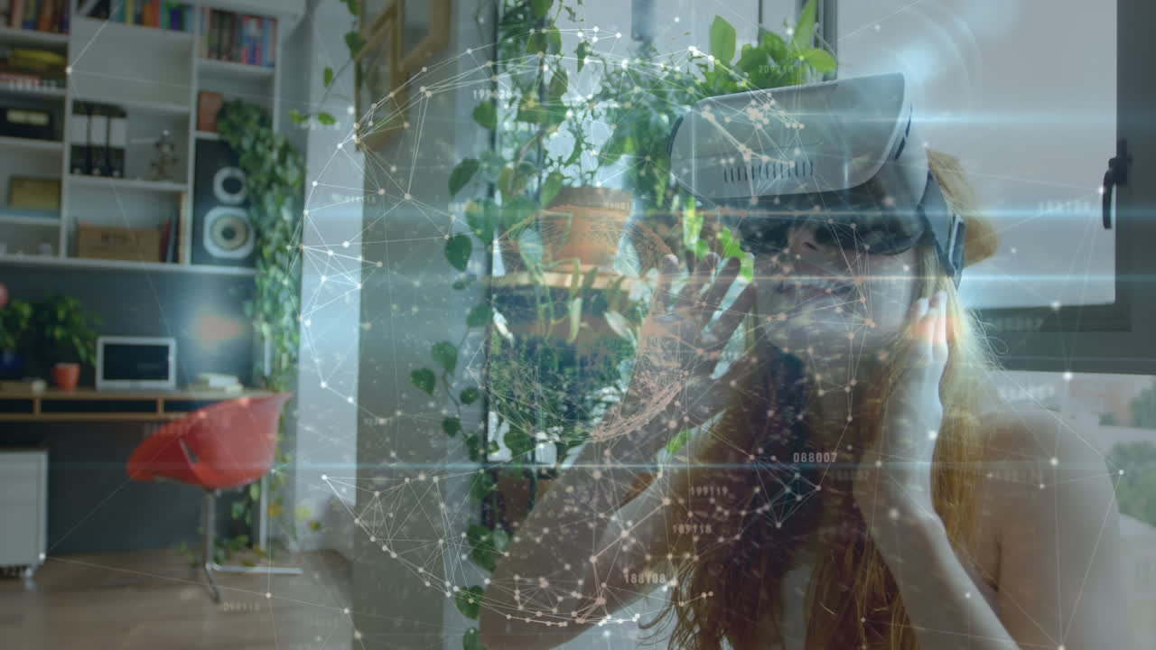 animación del procesamiento de datos sobre una mujer caucásica usando auriculares vr