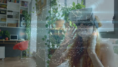 animación del procesamiento de datos sobre una mujer caucásica usando auriculares vr