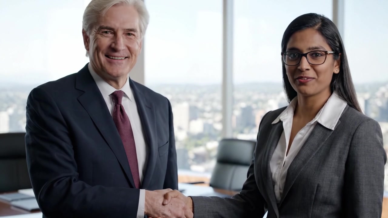 A Professional Encounter: Two Colleagues Share a Moment of Understanding and Success in a Modern Corporate Setting with a View of the City Skyline