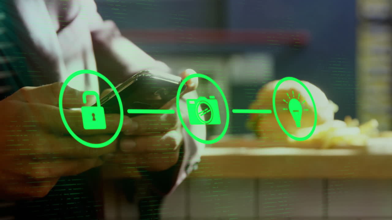 카우카시안 남자가 테이블 위에 햄버거를 가진 전화를 스크롤하는 중간 부분에 대한 플로우 차트의 애니메이션