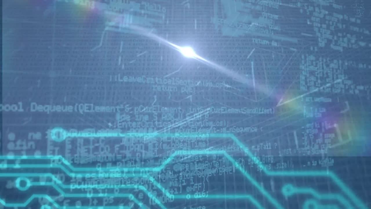 빛나는 컴퓨터 회로판 위의 데이터 처리 애니메이션