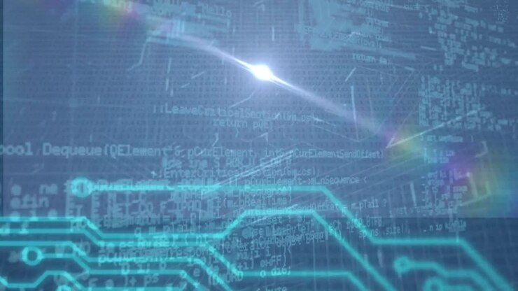 Animation of data processing over glowing computer circuit board