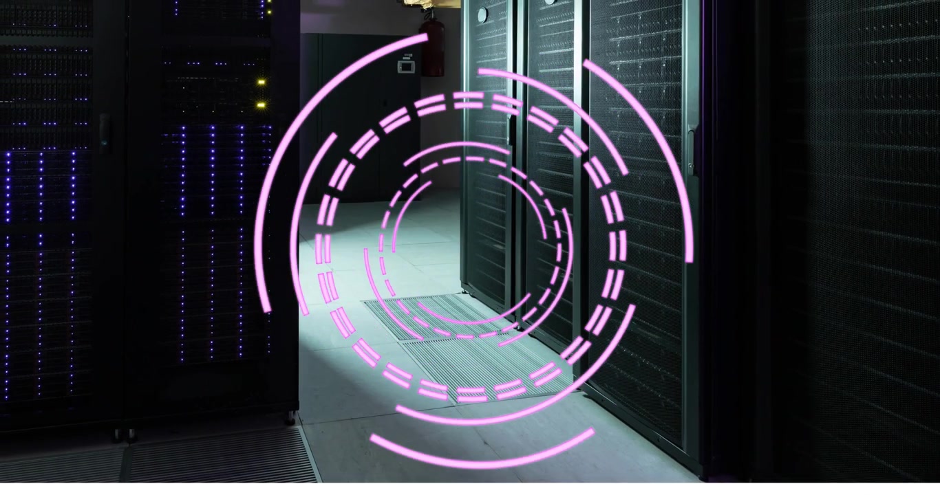 Digital Data Visualization Overlay in a Modern Server Room