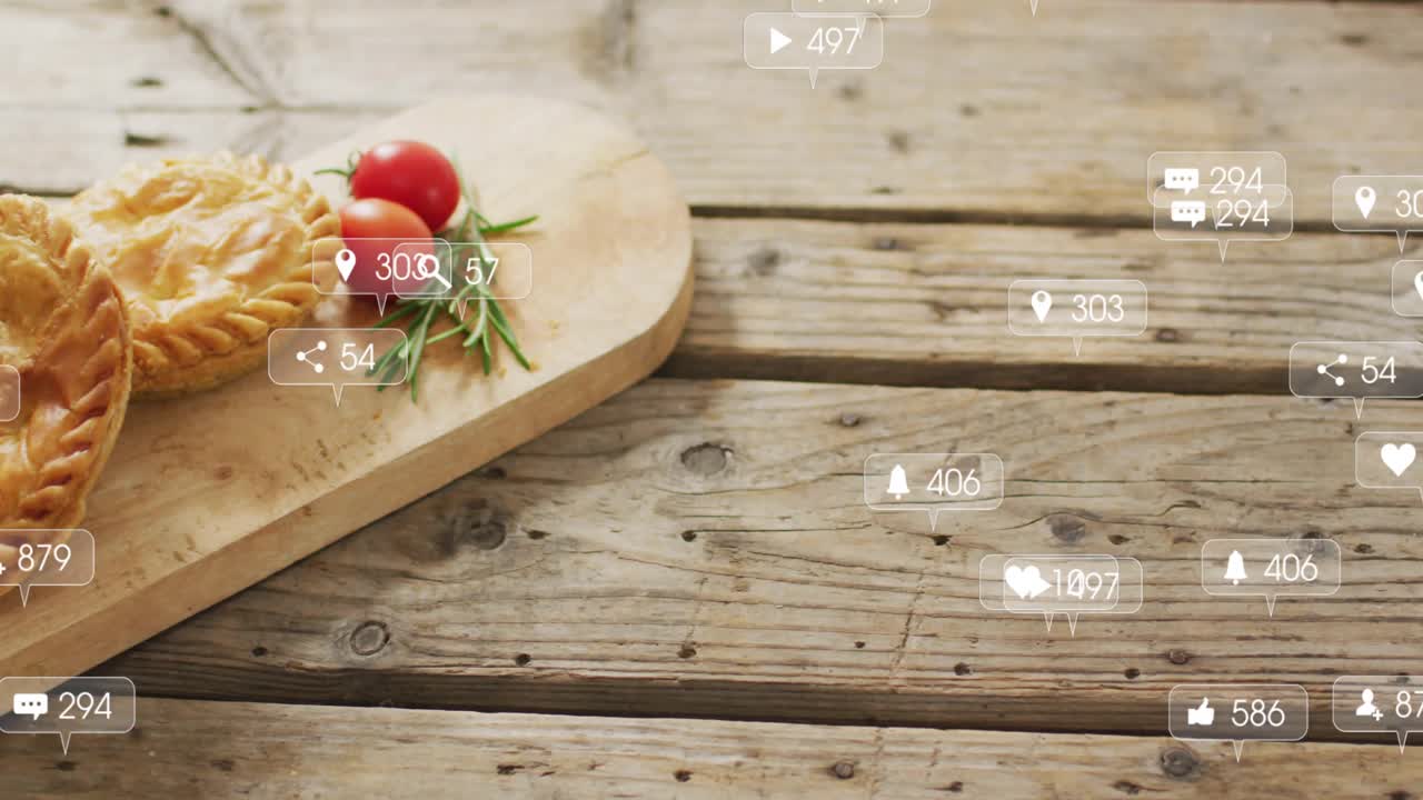 Cutting board sliding into view, icons multiplying around pies tomatoes showing engagement rise