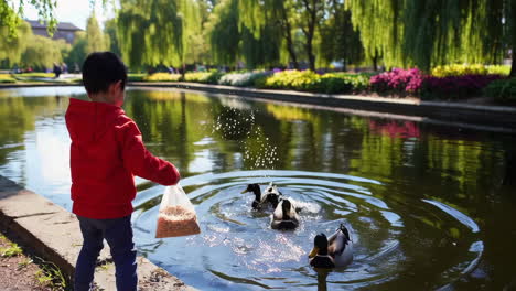 child feeding ducks in a park