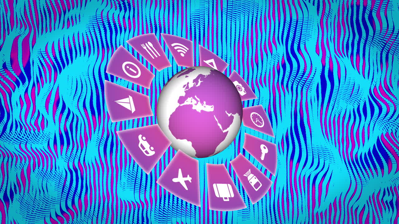 animación del globo con iconos de medios sobre formas en movimiento.