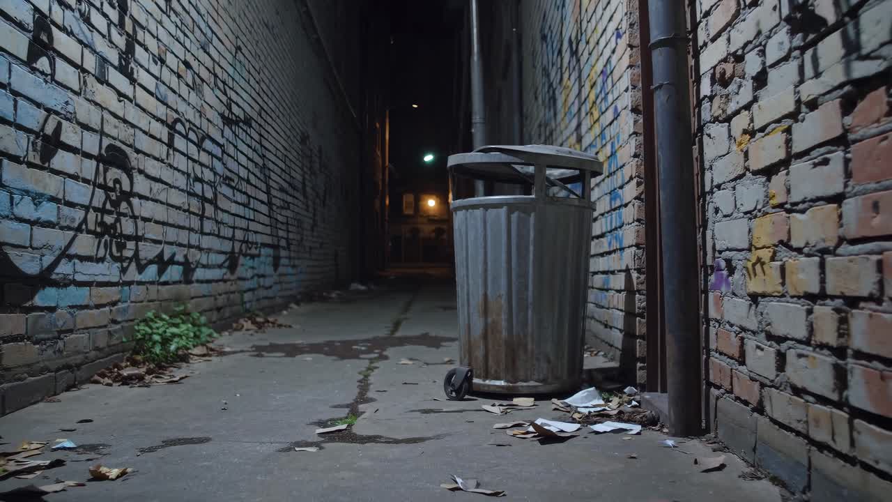 Una ripresa video da un'angolazione bassa di un vicolo scarsamente illuminato con muri di mattoni coperti di graffiti e rifiuti sparsi.