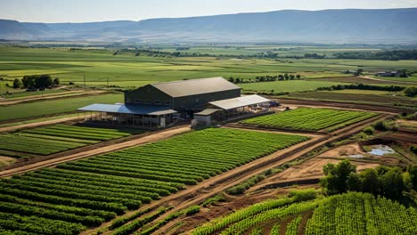 aerial view of a sprawling farm with fields and mountains in daylight