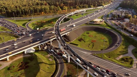 aerial view of a freeway intersection traffic trails in moscow.