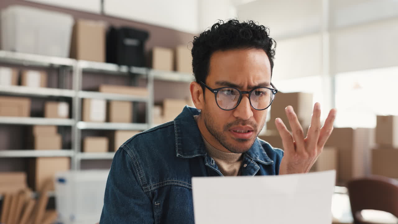 Confused Man Reading Document in Small Business Office