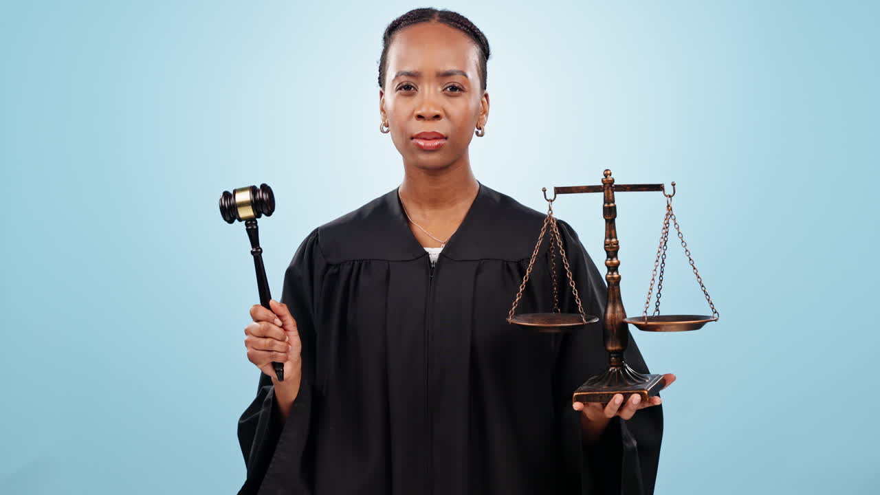 Judge woman, face and scale for law in studio