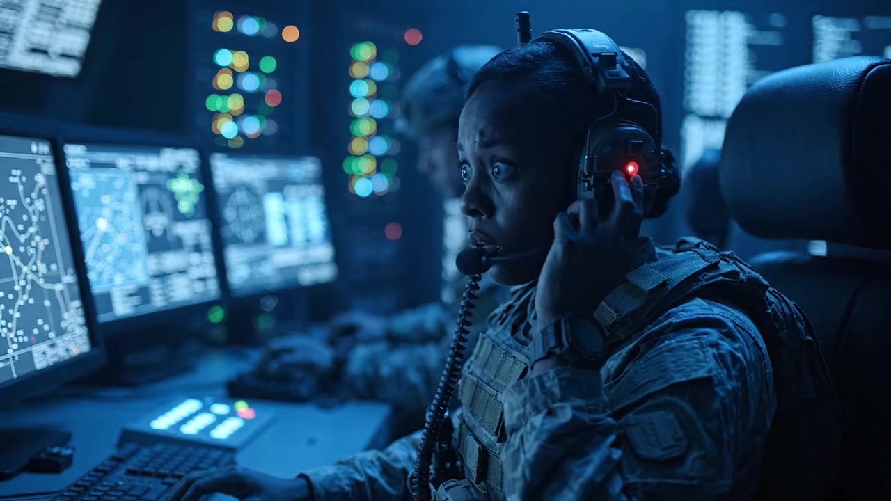 A focused female soldier operates high-tech equipment in a military command center, showcasing advanced technology and strategic communication in action.