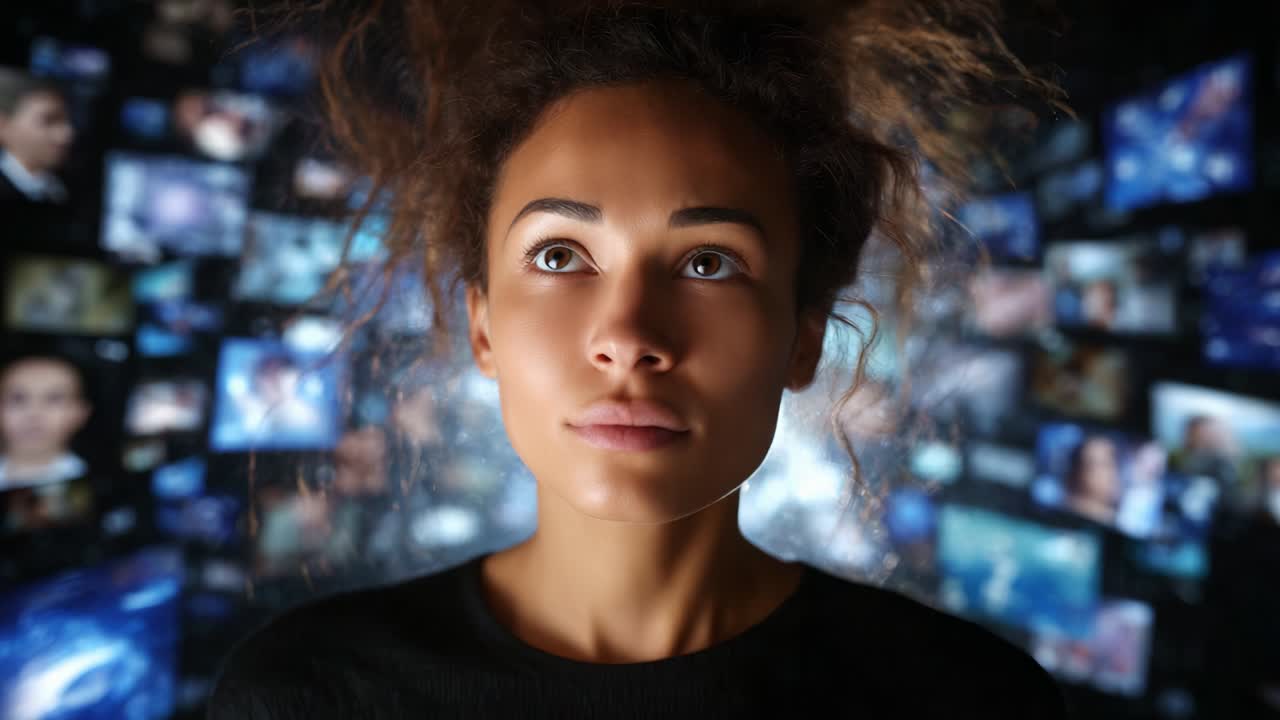 A Pensive Individual Stares Into the Abyss of Digital Content, Surrounded by Floating Images and Faces, Reflecting on the Impact of Media and Technology in Our Lives and on Personal Identity