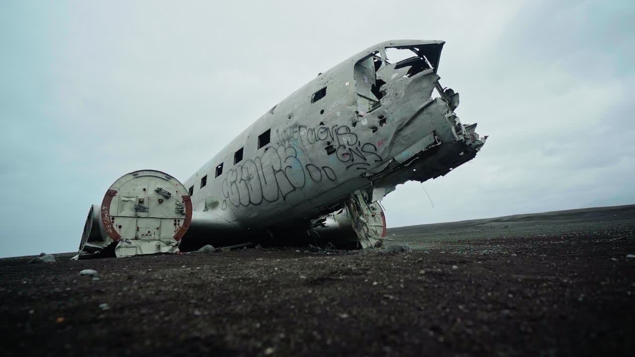 Abandoned Airplane Wreckage in Iceland's Volcanic Landscape