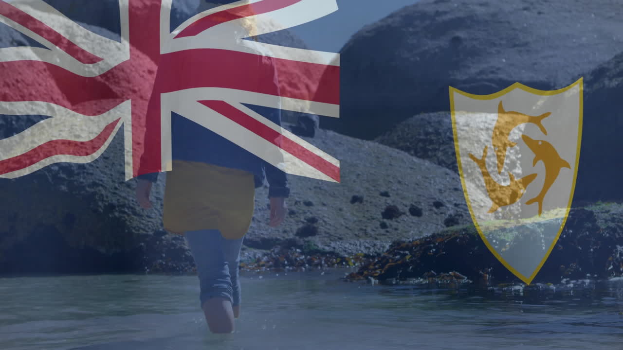 Walking on rocky shore, person with British and Anguilla flags animation overlay