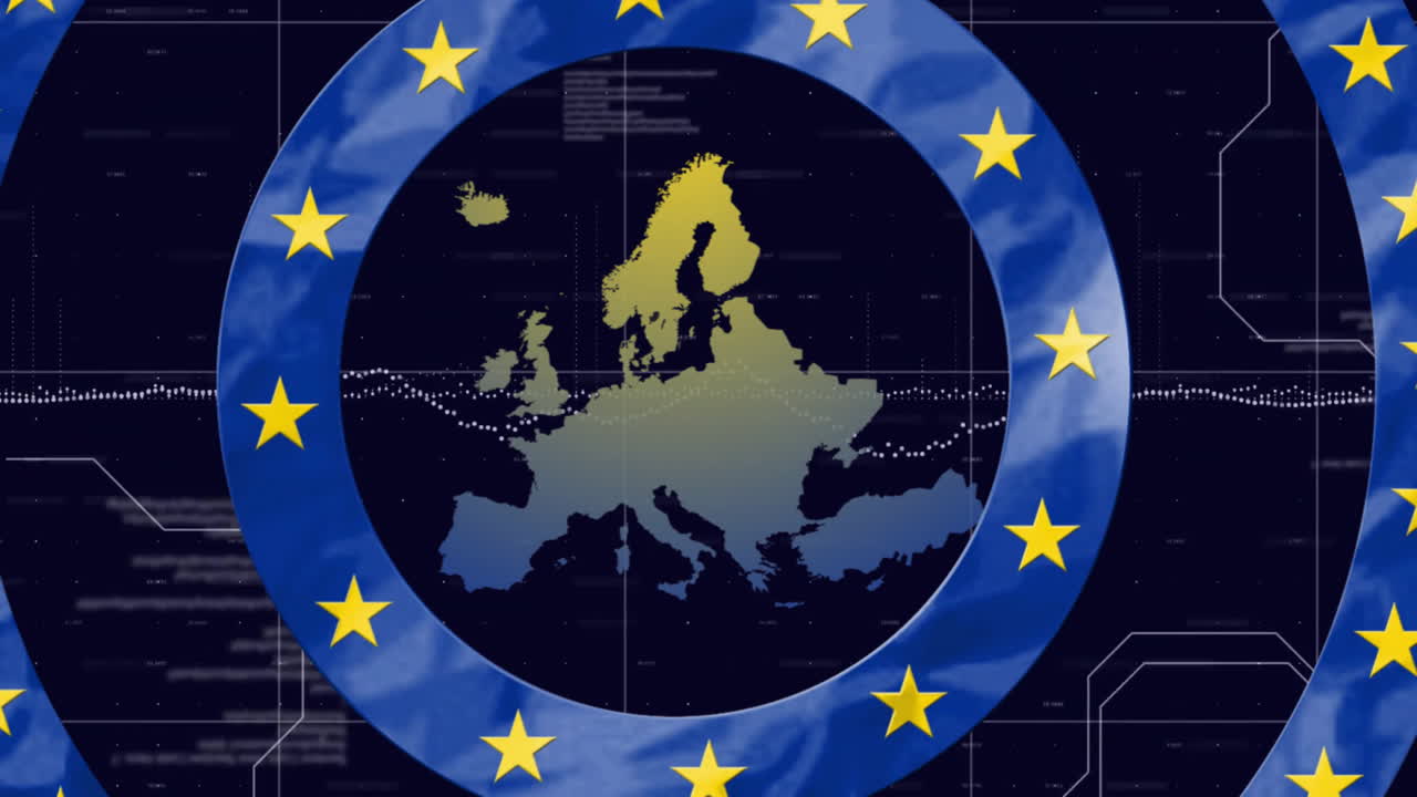 유럽 연합 스타 애니메이션: 데이터 라인과 함께 유럽의 디지털 지도