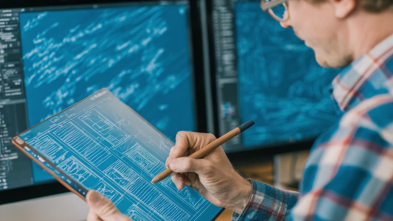 Creative Designer Sketching Layouts on Digital Tablet While Analyzing Graphic Content on Dual Monitors in a Modern Workspace