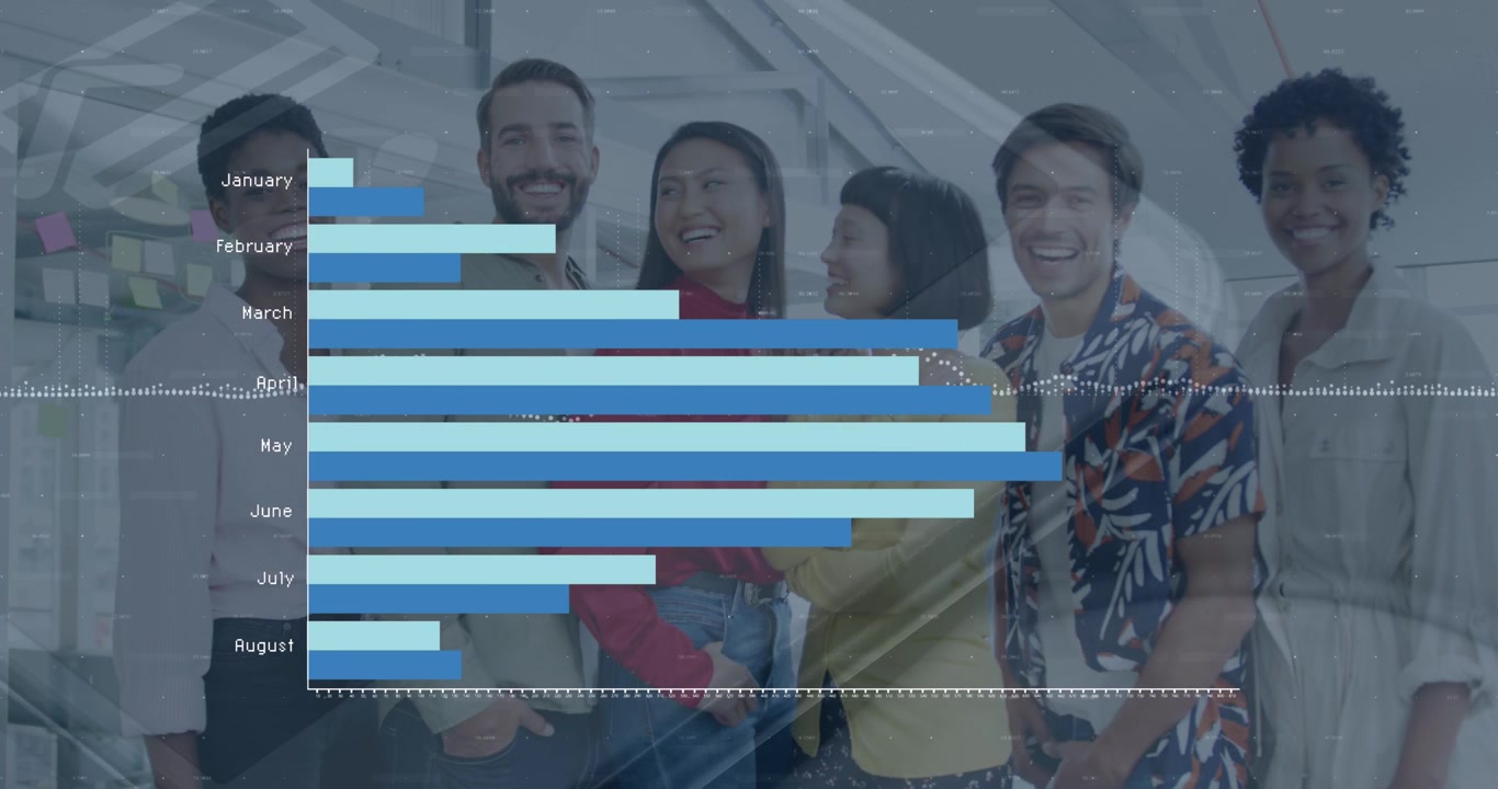 Animation of data processing over diverse business people smiling