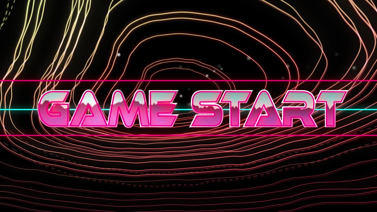 검은색 배경의 빛 트레일 위에 게임 시작 텍스트의 애니메이션