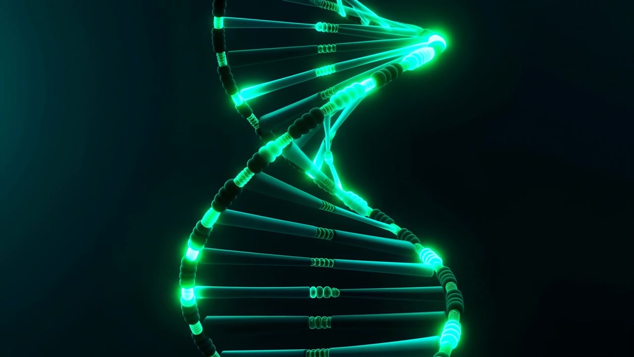 Luminous cyan and green DNA structure turns gradually against a nearly black background as curved strands and connecting bars shift across frame with bright highlights and depth.