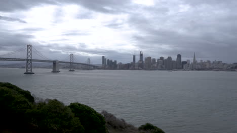 san francisco skyline with bay bridge across the bay from a hillside